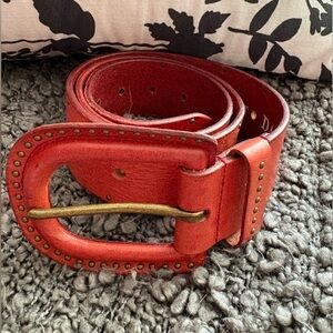 Danier Red Leather Belt with Brass-Tone Studded Buckle